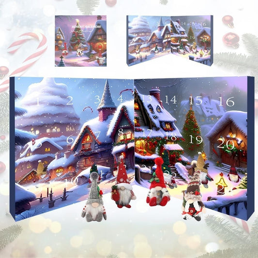 Weihnachts-Adventskalender mit winterlichem Dorfmotiv und vier Plüschfiguren, festlich dekoriert.