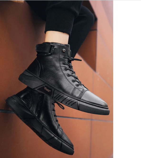 Schwarze Leder-Sneaker für Herren, hohe Knöchel, modisch, rutschfeste Sohle.