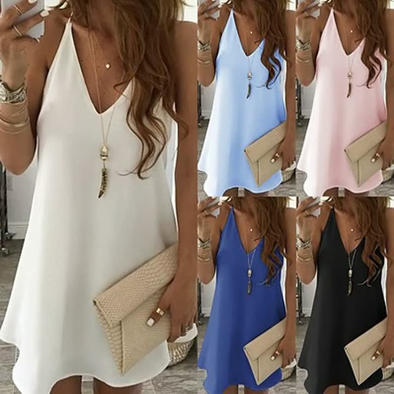 Fünf ärmellose Sommerkleider Damen, V-Ausschnitt, in Weiß, Blau, Rosa, Schwarz, mit Clutch.