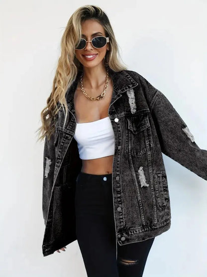 Vattentålig & Fodrad Oversized Dam Jeansjacka med Huva – Höstunderverk Talia