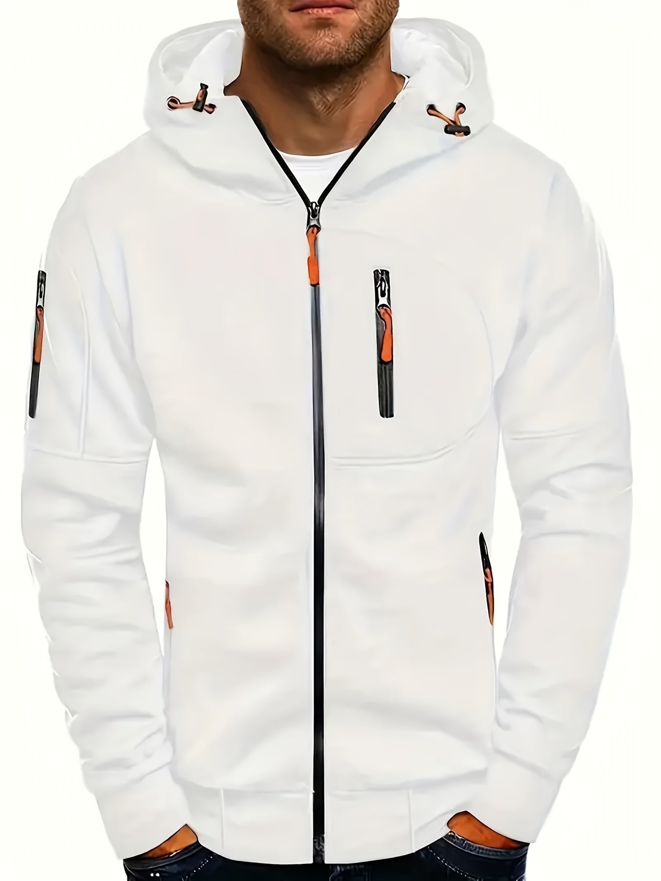 Weiße Herren-Kapuzenjacke, Reißverschlüsse, sportlich, modisch, Freizeitkleidung, Baumwolle.