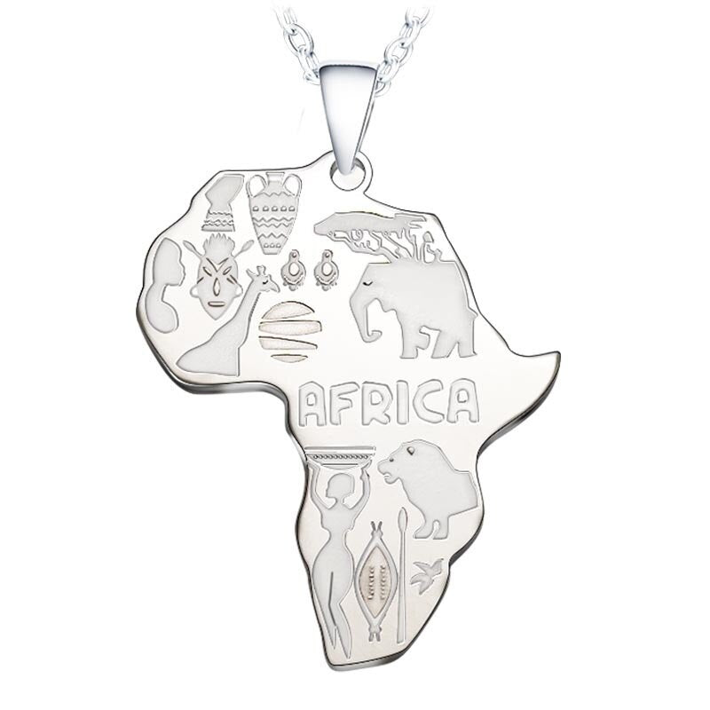 Silberne Afrika-Anhänger Halskette mit Tiermotiven und Gravuren, modisches Schmuckstück.