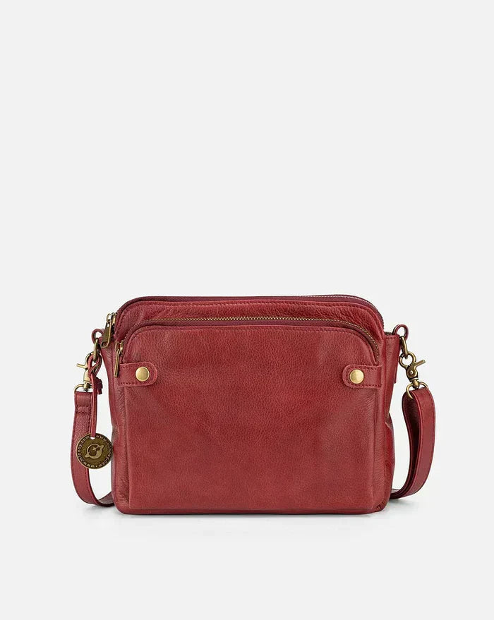 Rote Leder-Crossbody-Tasche, Damen-Schultertasche, elegant, mit Reißverschluss und goldenen Details.