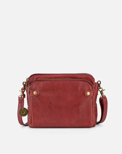 Rote Leder-Crossbody-Tasche, Damen-Schultertasche, elegant, mit Reißverschluss und goldenen Details.
