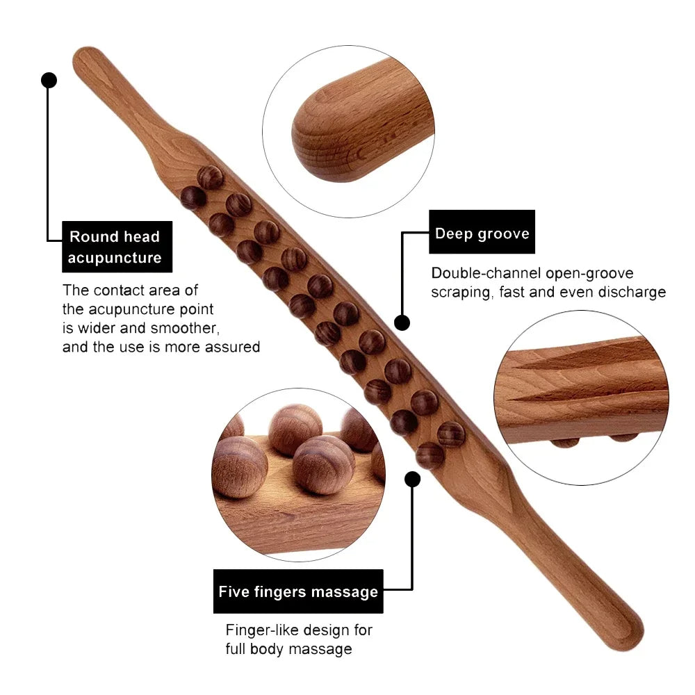 Holz-Massagegerät mit runden Akupunkturköpfen, tiefen Rillen, ideal für Ganzkörpermassage.