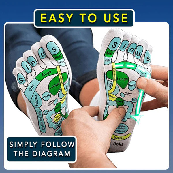 Akupressur-Socken mit Reflexzonen-Diagramm, weiß, für Fußmassage und Entspannung.