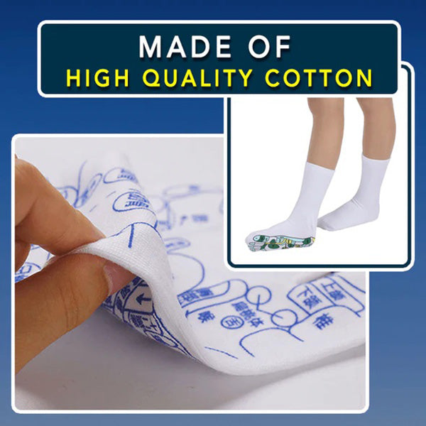 Weiße Akupressur-Socken aus hochwertiger Baumwolle mit blauen Reflexzonen-Druckmustern.