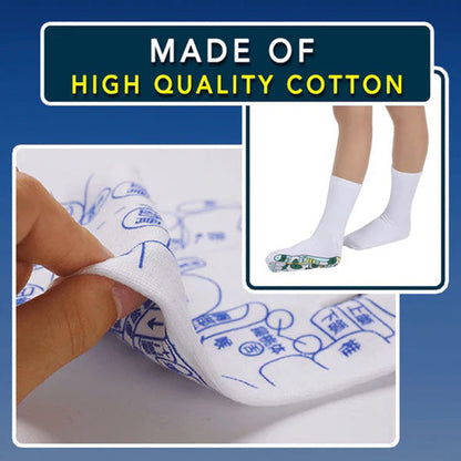 Weiße Akupressur-Socken aus hochwertiger Baumwolle mit blauen Reflexzonen-Druckmustern.