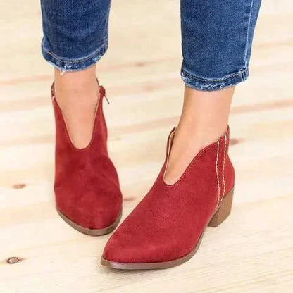 Rote Wildleder-Stiefeletten mit V-Ausschnitt, Damenmode, bequeme Absatzschuhe, Freizeitlook.