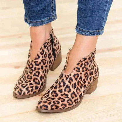 Damen Stiefeletten mit Leopardenmuster, V-Ausschnitt, braun, modisch, bequem, Herbstschuhe.