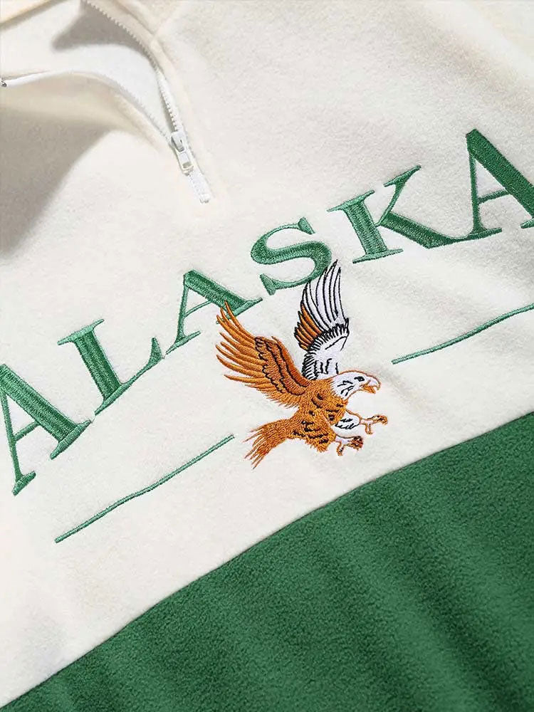 Weiß-grüner Alaska-Pullover mit Adlerstickerei, Fleece, Reißverschluss, Unisex-Mode.