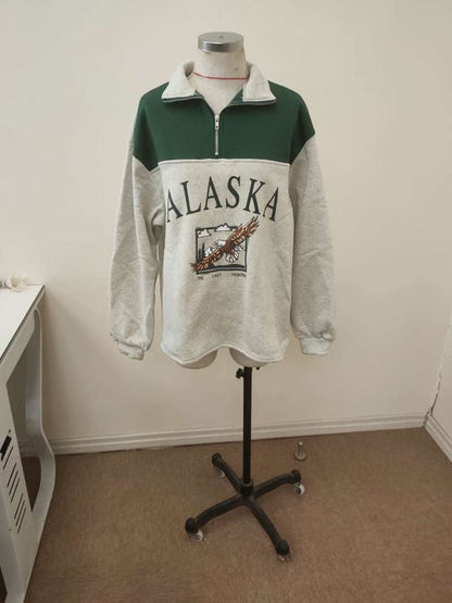 Grauer und grüner Alaska-Pullover mit Reißverschluss, Baumwolle, Unisex, Freizeitmode.