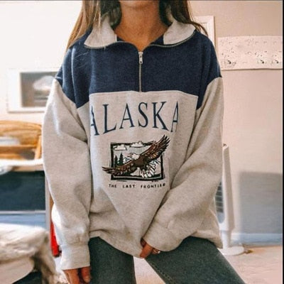 Damen-Pullover mit Alaska-Print, Adler-Motiv, blau-grau, Reißverschluss, Freizeitmode.