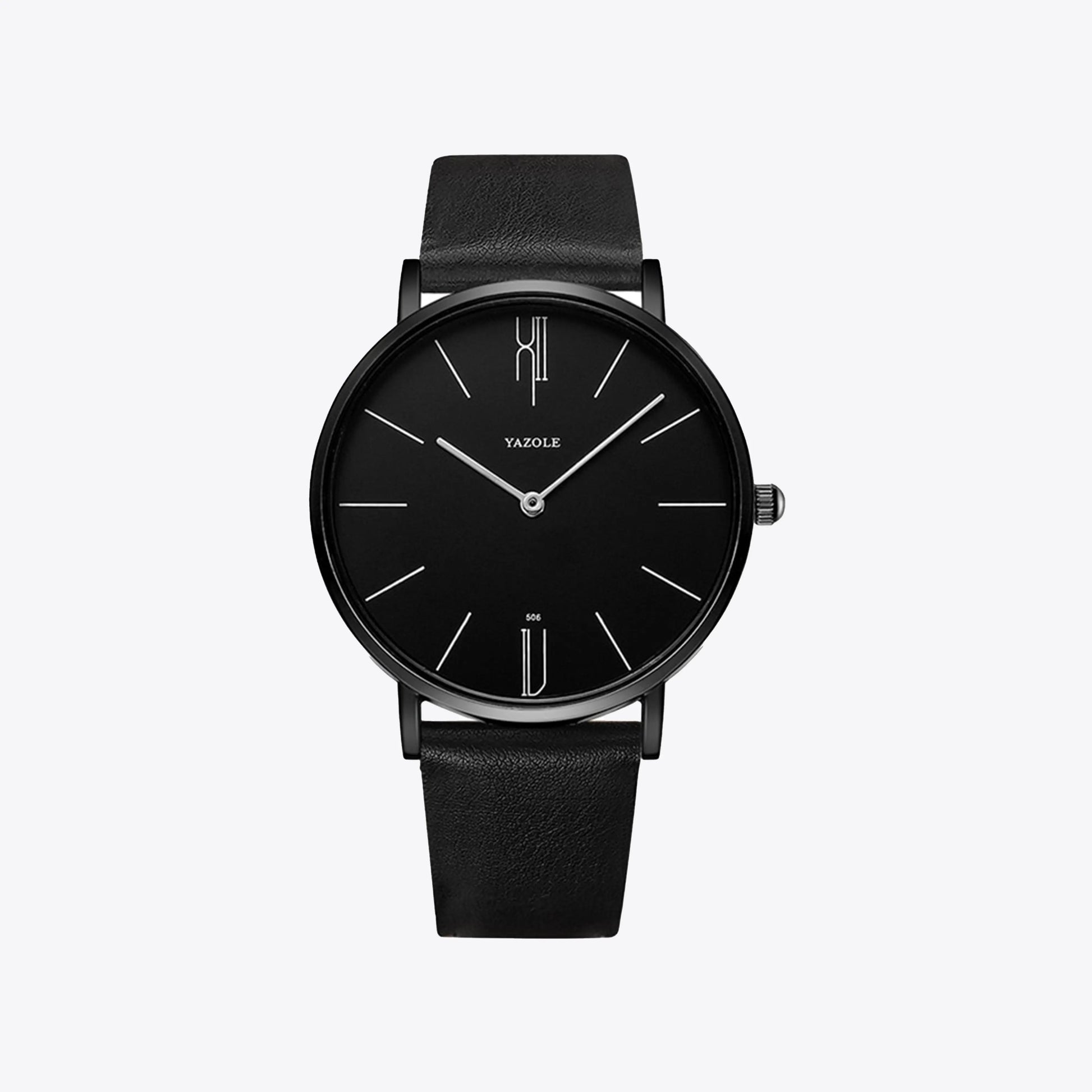Schwarze Armbanduhr mit Lederarmband, minimalistisches Design, Zifferblatt ohne Zahlen.