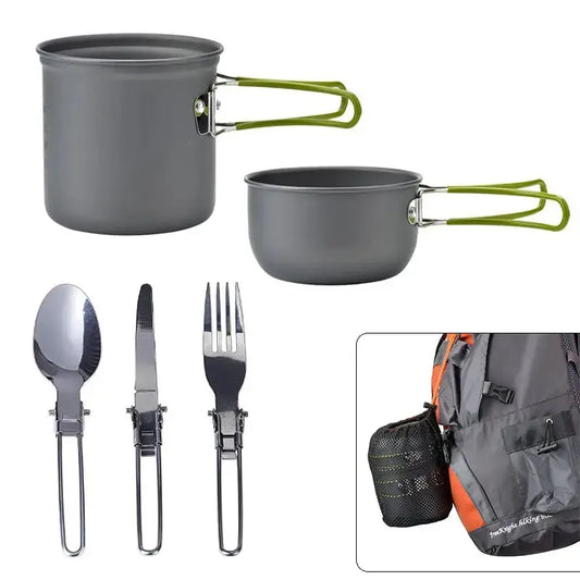 Faltbares Aluminium-Kochset mit Besteck, Campinggeschirr, Outdoor, leicht, kompakt.
