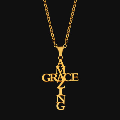 Goldene "Amazing Grace" Kreuzkette, Edelstahl, religiöser Schmuck, modisches Accessoire.