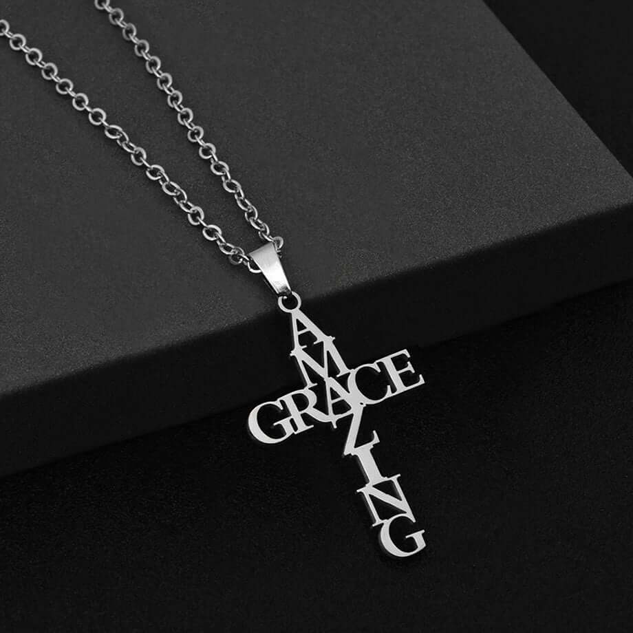 Silberne Kreuzkette "Amazing Grace", elegantes Schmuckstück, religiöses Design, Geschenkidee.