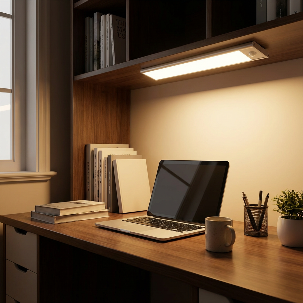 Lampa under en bokhylla ovanför ett skrivbord med laptop, böcker, kaffekopp, pennställ och krukväxt, som ger varmt arbetsljus. 4