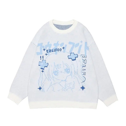Weißer Pullover mit blauem Anime-Design, Baumwolle, Unisex, modisch, lässig, Herbstmode.