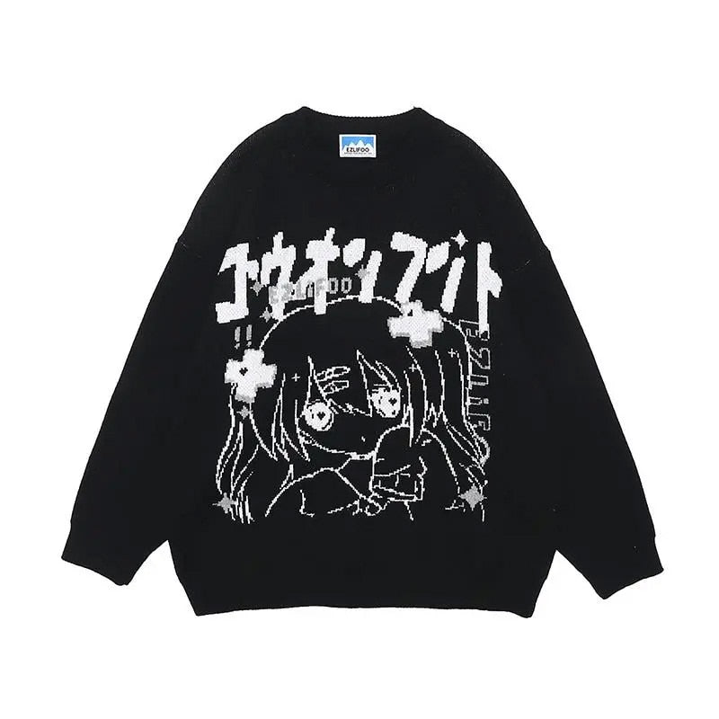 Schwarzer Anime-Pullover mit weißem Print, Unisex, Baumwolle, lässiger Stil, Herbstmode.