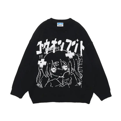 Schwarzer Anime-Pullover mit weißem Print, Unisex, Baumwolle, lässiger Stil, Herbstmode.