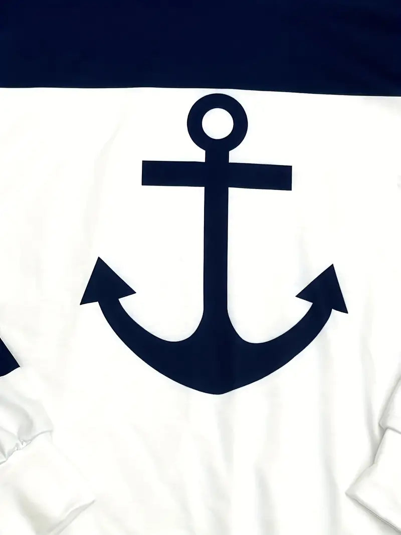 Weißes Sweatshirt mit großem schwarzen Anker-Design, maritimer Stil, Baumwolle.