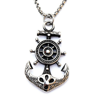 Silberne Anker-Halskette mit Steuerrad-Anhänger, maritimer Schmuck für Herren, Edelstahl.