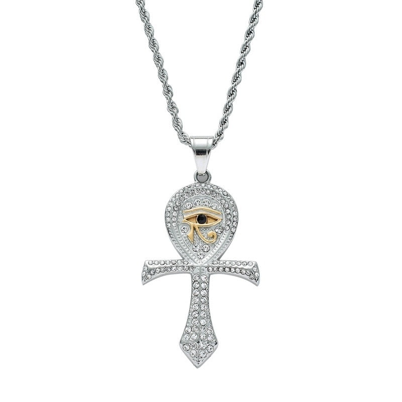 Silberne Ankh-Halskette mit Strasssteinen und Auge des Horus, modisches Schmuckstück.