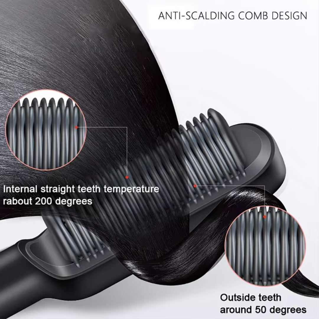 Anti-Verbrühungs-Kamm, glättet Haare, Innentemperatur 200°C, Außenzähne 50°C, schwarz.