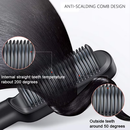 Anti-Verbrühungs-Kamm, glättet Haare, Innentemperatur 200°C, Außenzähne 50°C, schwarz.