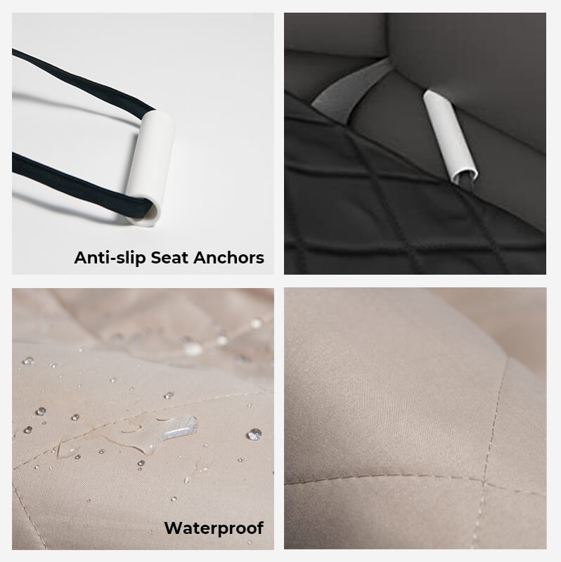 Wasserdichte Autositzbezug, rutschfeste Anker, schwarzes und beiges Material, Schutzdecke.