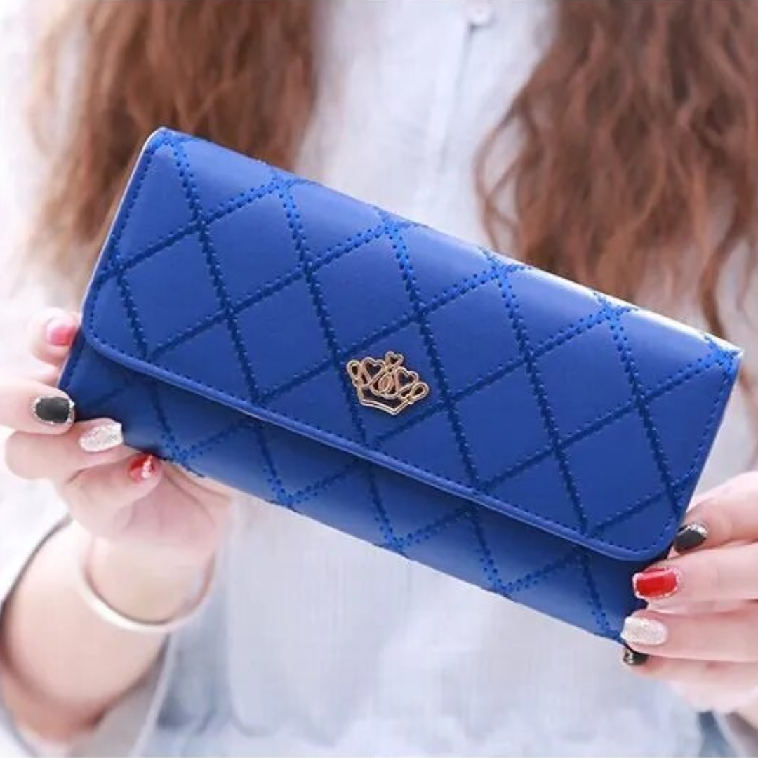 Blaue Damen-Geldbörse mit Argyle-Muster, Trifold-Design, Krone-Emblem, modisch und elegant.