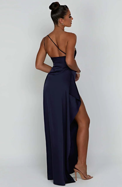 Damen Maxikleid Navy, ärmellos, elegantes Abendkleid, Rückenfrei, hoher Schlitz, Babyboo Fashion.