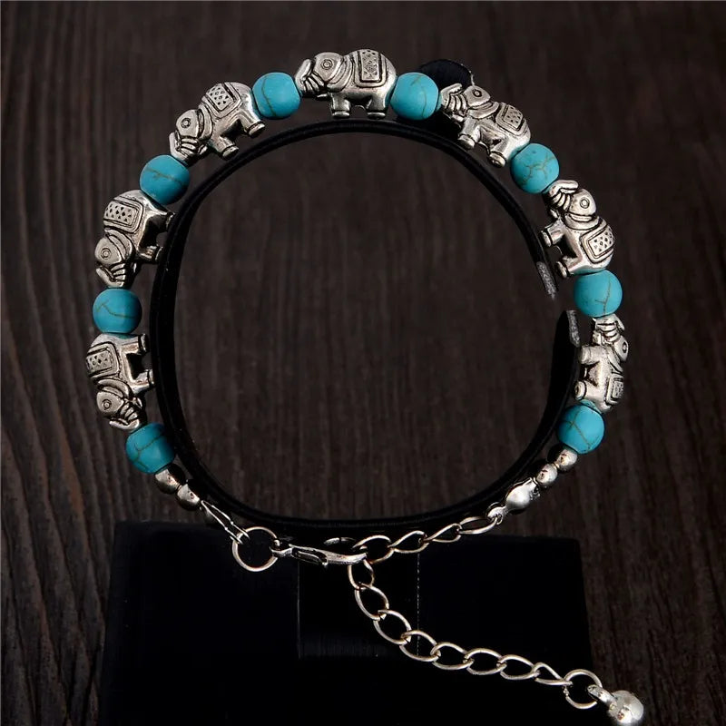 Armband mit Elefanten- und Türkisperlen, verstellbar, handgefertigt, Boho-Stil, Damen-Schmuck.