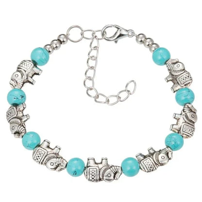 Silberarmband mit türkisfarbenen Perlen und Elefantenanhängern, verstellbar, Damen-Schmuck.