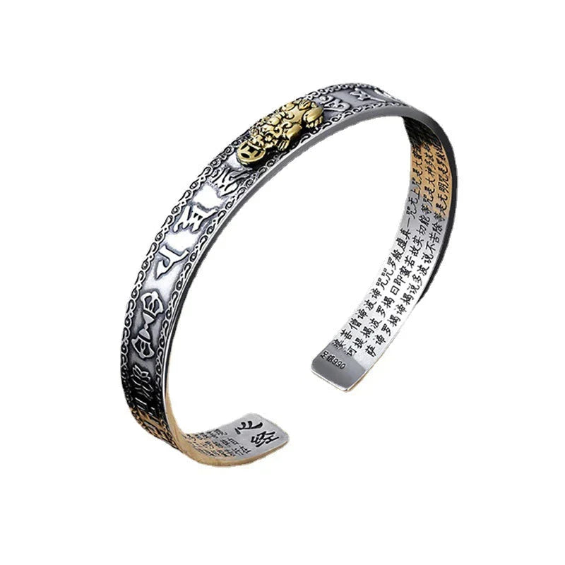 Silberner Armreif mit goldenen Drachen, graviert, verstellbar, Unisex-Schmuck, asiatisches Design.