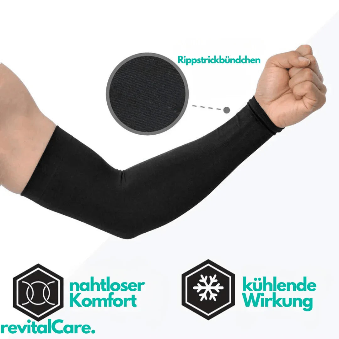 Schwarzer Armstulpe, nahtlos, kühlend, Rippstrickbündchen, für Sport und Komfort.