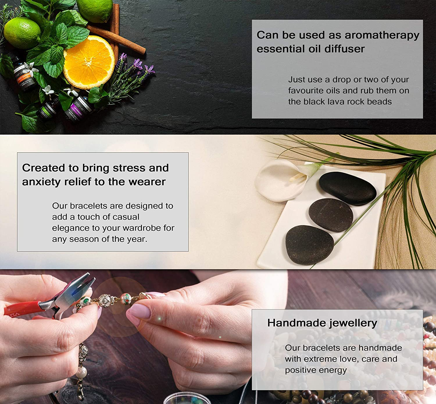Handgefertigtes Armband mit Lavasteinperlen, ätherische Öle, Stressabbau, Aromatherapie.