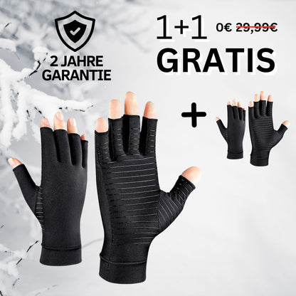 Schwarze Arthrosehandschuhe, fingerlos, Kompression, 1+1 gratis Angebot, Winterhintergrund.