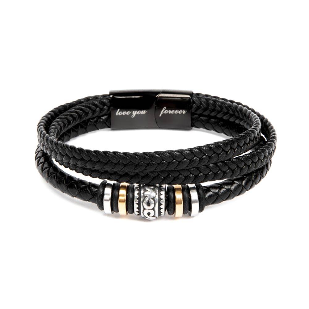Schwarzes Lederarmband mit Gravur "love you forever", geflochten, Edelstahl-Details.