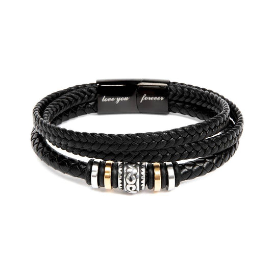 Schwarzes Lederarmband mit Gravur "love you forever", geflochten, Edelstahl-Details.