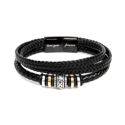 Schwarzes Lederarmband mit Gravur "love you forever", geflochten, Edelstahl-Details.