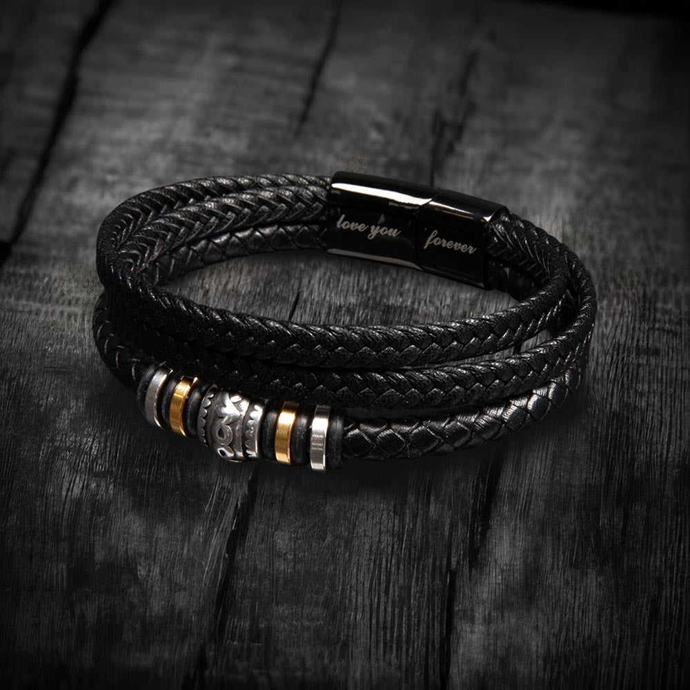 Schwarzes Lederarmband mit Gravur "love you forever", geflochten, Edelstahl-Details, Herren.