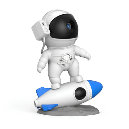 Weißer Astronauten-Lautsprecher auf blau-weißer Rakete, modernes Design, Geschenkidee.