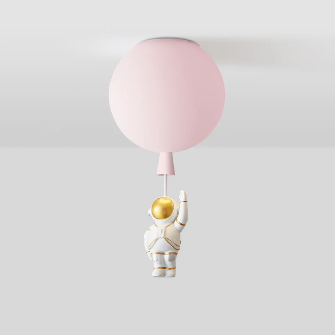Rosa Deckenleuchte mit Astronauten-Anhänger, modernes Design, Kinderzimmerlampe.