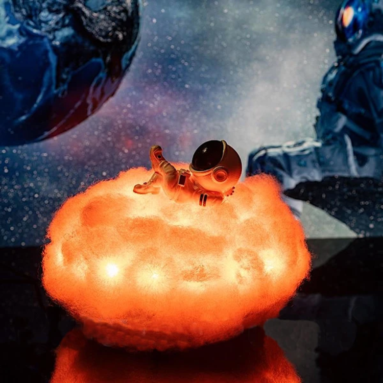 Astronauten-Nachtlicht auf leuchtender Wolke, LED-Lampe, Kinderzimmer-Dekoration, orange.