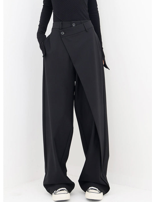 Schwarze asymmetrische Baggy-Hose für Damen, modisch, elegant, mit weitem Bein.