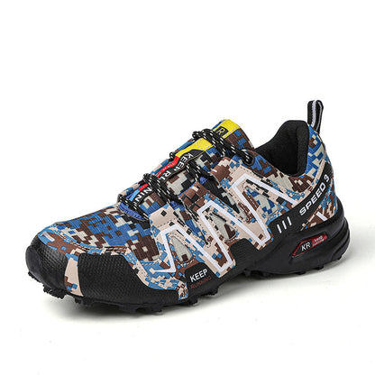Herren-Wanderschuh, atmungsaktiv, Camouflage-Design, robust, Outdoor-Sport, Blau-Braun.