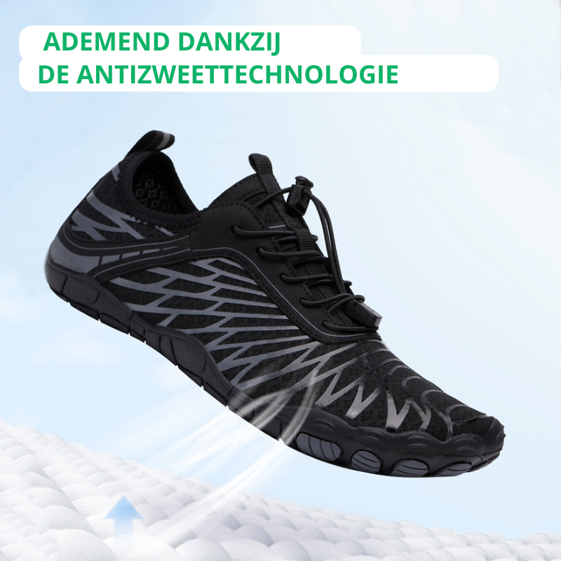 Schwarzer atmungsaktiver Sportschuh, Antischweißtechnologie, leicht, für Outdoor-Aktivitäten.