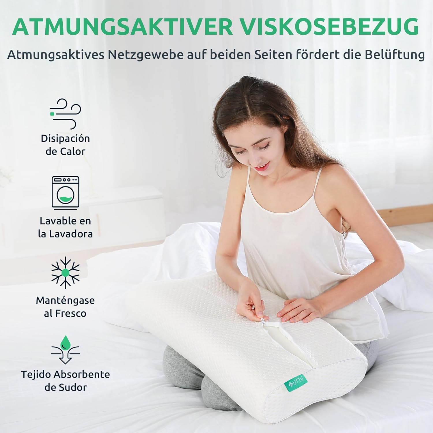 Frau mit weißem, atmungsaktivem Viskosekissen, ideal für besseren Schlafkomfort.